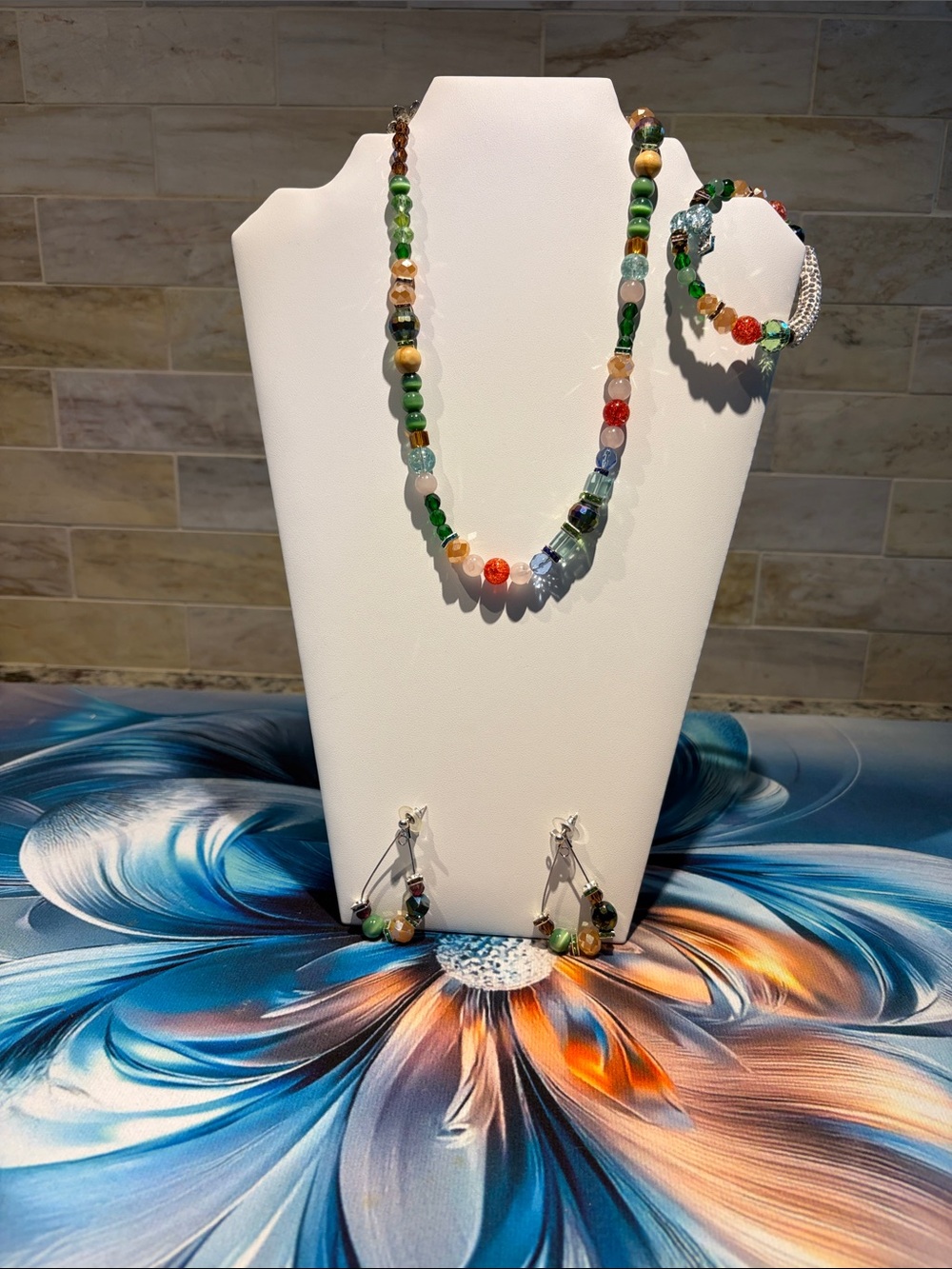 Handmade Multicolor Beaded Necklace, Bracelet & Earring Set - Green & Red Accent